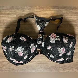 VS PINK Date push up bra 36D front-clip - black with lacy flower design